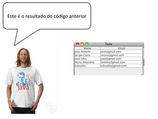 Legal. Mas eu quero tornar o Jtable
editável. Então, eu codifiquei o
seguinte método para a classe
“ContatoTableModel”
@Override
public boolean isCellEditable(int r, int c) {
return true;
}
 