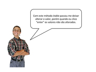 public void setValueAt(Object aValue, int r, int c) {
// Pega o contato referente a linha especificada.
Contato contato = contatos.get(r);
switch (c) {
case 0:
contato.setNome((String) aValue);
break;
case 1:
contato.setEmail((String) aValue);
break;
default:
throw new IndexOutOfBoundsException(
"columnIndex out of bounds");
}
fireTableCellUpdated(r, c); // Notifica a atualização da célula
}
Faltou
implementar o
método
setValueAt.
 