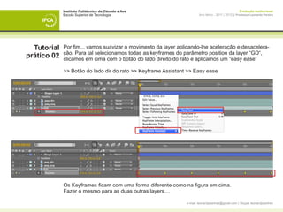 Instituto Politécnico do Cávado e Ave                                                   Produção Audiovisual
             Escola Superior de Tecnologia                             Ano letivo - 2011 | 2012 || Professor Leonardo Pereira




  Tutorial   Por fim... vamos suavizar o movimento da layer aplicando-lhe aceleração e desacelera-
             ção. Para tal selecionamos todas as keyframes do parâmetro position da layer “GD“,
prático 02   clicamos em cima com o botão do lado direito do rato e aplicamos um “easy ease”

             >> Botão do lado dir do rato >> Keyframe Assistant >> Easy ease




             Os Keyframes ficam com uma forma diferente como na figura em cima.
             Fazer o mesmo para as duas outras layers....

                                                               e-mail: leonardpeartree@gmail.com | Skype: leonardpeartree
 