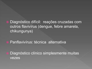  Diagnóstico difícil: reações cruzadas com
outros flavivírus (dengue, febre amarela,
chikungunya)
 Panflavivírus: técnica alternativa
 Diagnóstico clínico simplesmente muitas
vezes
 