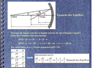 Equação dos Espelhos




Teorema do ângulo externo: o ângulo externo de um triângulo é igual à
soma dos 2 ângulos internos opostos.
       ∆PAC: β = α + θ → θ = β – α
       ∆PAP': γ = α + 2θ → γ = α + 2β – 2α → α + γ = 2β (1)
Por outro lado, se α e γ forem pequenos (tgӨ ≈ Ө):
   AV AV
α≈      =
   PV     s             Substituindo em (1) :
   AV AV
β=      =               AV AV      AV  1 1 2
   CV     r                +    =2    ⇒ + = (Equação dos Espelhos)
   AV AV                 s   s'     r  s s' r
γ≈      =
   P 'V   s'
 