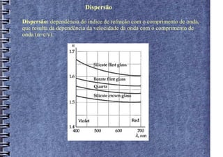 Dispersão

Dispersão: dependência do índice de refração com o comprimento de onda,
que resulta da dependência da velocidade da onda com o comprimento de
onda (n=c/v).
 