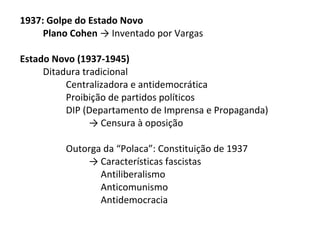 1937: Golpe do Estado Novo
Plano Cohen → Inventado por Vargas
Estado Novo (1937-1945)
Ditadura tradicional
Centralizadora e antidemocrática
Proibição de partidos políticos
DIP (Departamento de Imprensa e Propaganda)
→ Censura à oposição
Outorga da “Polaca”: Constituição de 1937
→ Características fascistas
Antiliberalismo
Anticomunismo
Antidemocracia

 