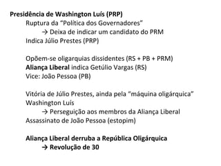 Presidência de Washington Luís (PRP)
Ruptura da “Política dos Governadores”
→ Deixa de indicar um candidato do PRM
Indica Júlio Prestes (PRP)
Opõem-se oligarquias dissidentes (RS + PB + PRM)
Aliança Liberal indica Getúlio Vargas (RS)
Vice: João Pessoa (PB)
Vitória de Júlio Prestes, ainda pela “máquina oligárquica”
Washington Luís
→ Perseguição aos membros da Aliança Liberal
Assassinato de João Pessoa (estopim)
Aliança Liberal derruba a República Oligárquica
→ Revolução de 30

 