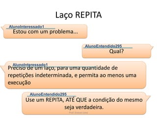 Laço REPITA
Estou com um problema...
AlunoInteressado1
Use um REPITA, ATÉ QUE a condição do mesmo
seja verdadeira.
AlunoEntendido295
Qual?
AlunoEntendido295
Preciso de um laço, para uma quantidade de
repetições indeterminada, e permita ao menos uma
execução
AlunoInteressado1
Prof. Gracon Lima
 