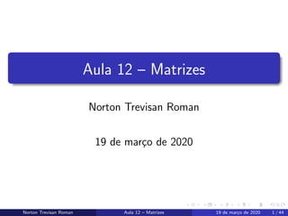Aula 12 – Matrizes
Norton Trevisan Roman
19 de mar¸co de 2020
Norton Trevisan Roman Aula 12 – Matrizes 19 de mar¸co de 2020 1 / 44
 
