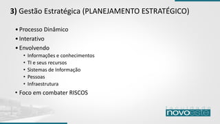 3) Gestão Estratégica (PLANEJAMENTO ESTRATÉGICO)
•Processo Dinâmico
•Interativo
•Envolvendo
• Informações e conhecimentos
• TI e seus recursos
• Sistemas de Informação
• Pessoas
• Infraestrutura
• Foco em combater RISCOS
 