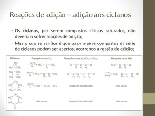 Reações de adição – adição aos ciclanos
• Os ciclanos, por serem compostos cíclicos saturados, não
deveriam sofrer reações de adição;
• Mas o que se verifica é que os primeiros compostos da série
de ciclanos podem ser abertos, ocorrendo a reação de adição;
 