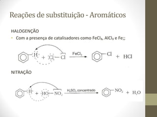 Reações de substituição - Aromáticos
HALOGENÇÃO
• Com a presença de catalisadores como FeCl₃, AlCl₃ e Fe;;
NITRAÇÃO
 