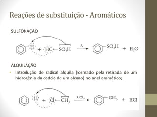 Reações de substituição - Aromáticos
SULFONAÇÃO
ALQUILAÇÃO
• Introdução de radical alquila (formado pela retirada de um
hidrogênio da cadeia de um alcano) no anel aromático;
 