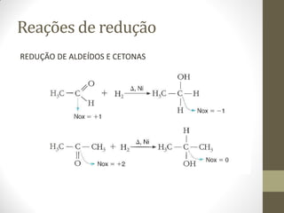 Reações de redução
REDUÇÃO DE ALDEÍDOS E CETONAS
 