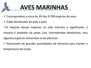 AVES MARINHAS
 Correspondem a cerca de 3% das 9.700 espécies de aves;
 Estão distribuídas de polo a polo
O impacto dessas espécies na vida marinha é significante; a
maioria é predador de peixe, lula, invertebrados bentônicos, mas
algumas espécies alimentam-se de plâncton.
 Necessitam de grandes quantidades de alimento para manter a
temperatura do corpo.
 