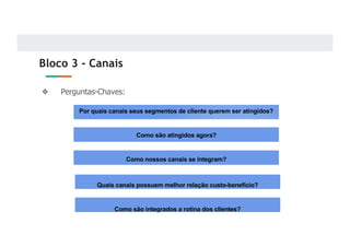 Bloco 3 - Canais
❖ Perguntas-Chaves:
Por quais canais seus segmentos de cliente querem ser atingidos?
Como são atingidos agora?
Como nossos canais se integram?
Quais canais possuem melhor relação custo-benefício?
Como são integrados a rotina dos clientes?
 