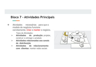 Bloco 7 - Atividades Principais
❖ Atividades necessárias para que o
modelo de negócios funcione
corretamente. Criar e manter o negócio.
Tipos de Atividades:
➢ Atividades de produção: projetar,
construir e entregar o produto
➢ Atividades relacionadas aos canais
de distribuição
➢ Atividades de relacionamento
com clientes: manter redes sociais
 