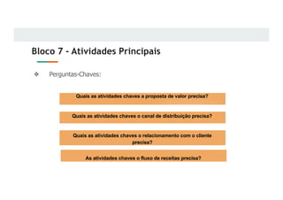 Bloco 7 - Atividades Principais
❖ Perguntas-Chaves:
Quais as atividades chaves a proposta de valor precisa?
Quais as atividades chaves o canal de distribuição precisa?
Quais as atividades chaves o relacionamento com o cliente
precisa?
As atividades chaves o fluxo de receitas precisa?
 