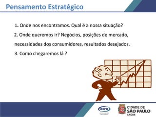 1. Onde nos encontramos. Qual é a nossa situação?
2. Onde queremos ir? Negócios, posições de mercado,
necessidades dos consumidores, resultados desejados.
3. Como chegaremos lá ?
Pensamento Estratégico
 