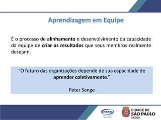Aprendizagem em Equipe
É o processo de alinhamento e desenvolvimento da capacidade
da equipe de criar os resultados que seus membros realmente
desejam.
“O futuro das organizações depende de sua capacidade de
aprender coletivamente.”
Peter Senge
 