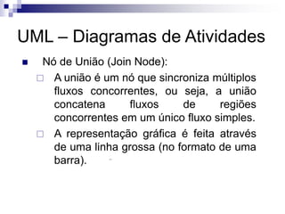 UML – Diagramas de Atividades
◼ Nó de União (Join Node):
 A união é um nó que sincroniza múltiplos
fluxos concorrentes, ou seja, a união
concatena fluxos de regiões
concorrentes em um único fluxo simples.
 A representação gráfica é feita através
de uma linha grossa (no formato de uma
barra).
 