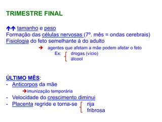 TRIMESTRE FINAL
éé tamanho e peso
Formação das células nervosas (7º. mês = ondas cerebrais)
Fisiologia do feto semelhante à do adulto
è agentes que afetam a mãe podem afetar o feto
Ex: drogas (vício)
álcool
ÚLTIMO MÊS:
- Anticorpos da mãe
èimunização temporária
- Velocidade do crescimento diminui
- Placenta regride e torna-se rija
fribrosa
 