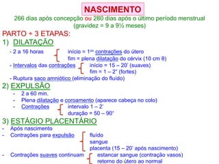 266 dias após concepção ou 280 dias após o último período menstrual
(gravidez = 9 a 9½ meses)
PARTO ÷ 3 ETAPAS:
1) DILATAÇÃO
- 2 a 16 horas início = 1as contrações do útero
fim = plena dilatação do cérvix (10 cm θ)
- Intervalos das contrações início = 15 – 20’ (suaves)
fim = 1 – 2“ (fortes)
- Ruptura saco amniótico (eliminação do fluído)
2) EXPULSÃO
- 2 a 60 min.
- Plena dilatação e coroamento (aparece cabeça no colo)
- Contrações intervalo 1 – 2’
duração = 50 – 90“
3) ESTÁGIO PLACENTÁRIO
- Após nascimento
- Contrações para expulsão fluído
sangue
placenta (15 – 20’ após nascimento)
- Contrações suaves continuam estancar sangue (contração vasos)
retorno do útero ao normal
NASCIMENTO
 