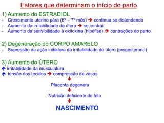 1) Aumento do ESTRADIOL
- Crescimento uterino pára (6º – 7º mês) è continua se distendendo
- Aumento da irritabilidade do útero è se contrai
- Aumento da sensibilidade à oxitoxina (hipófise) è contrações do parto
2) Degeneração do CORPO AMARELO
- Supressão da ação inibidora da irritabilidade do útero (progesterona)
3) Aumento do ÚTERO
é irritabilidade da musculatura
é tensão dos tecidos è compressão de vasos
ê
Placenta degenera
ê
Nutrição deficiente do feto
ê
NASCIMENTO
Fatores que determinam o início do parto
 