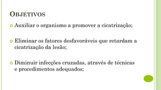 OBJETIVOS
 Auxiliar o organismo a promover a cicatrização;
 Eliminar os fatores desfavoráveis que retardam a
cicatrização da lesão;
 Diminuir infecções cruzadas, através de técnicas
e procedimentos adequados;
 