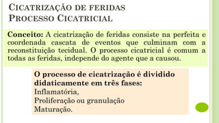 CICATRIZAÇÃO DE FERIDAS
PROCESSO CICATRICIAL
Conceito: A cicatrização de feridas consiste na perfeita e
coordenada cascata de eventos que culminam com a
reconstituição tecidual. O processo cicatricial é comum a
todas as feridas, independe do agente que a causou.
O processo de cicatrização é dividido
didaticamente em três fases:
Inflamatória,
Proliferação ou granulação
Maturação.
 