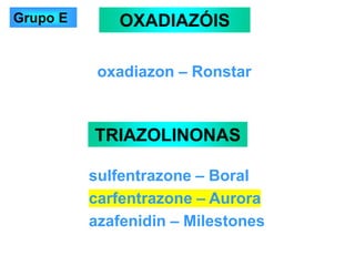 oxadiazon – Ronstar
OXADIAZÓIS
TRIAZOLINONAS
sulfentrazone – Boral
carfentrazone – Aurora
azafenidin – Milestones
Grupo E
 