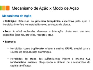 Mecanismo de Ação x Modo de Ação
• Definição: Refere-se ao processo bioquímico específico pelo qual o
herbicida interfere no metabolismo ou estrutura da planta.
• Foco: A nível molecular, descreve a interação direta com um alvo
específico (enzima, proteína, receptor, etc.).
• Exemplo:
• Herbicidas como o glifosato inibem a enzima EPSPS, crucial para a
síntese de aminoácidos aromáticos.
• Herbicidas do grupo das sulfonilureias inibem a enzima ALS
(acetolactato sintase), bloqueando a síntese de aminoácidos de
cadeia ramificada.
Mecanismo de Ação
 