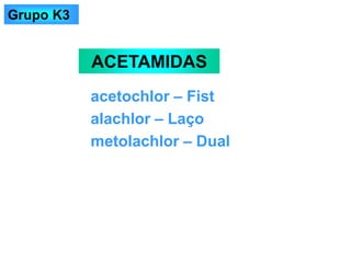 acetochlor – Fist
alachlor – Laço
metolachlor – Dual
ACETAMIDAS
Grupo K3
 