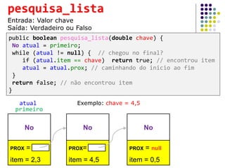 public boolean pesquisa_lista(double chave) {
No atual = primeiro;
while (atual != null) { // chegou no final?
if (atual.item == chave) return true; // encontrou item
atual = atual.prox; // caminhando do inicio ao fim
}
return false; // não encontrou item
}
pesquisa_lista
Entrada: Valor chave
Saída: Verdadeiro ou Falso
No
PROX = NULL
item = 2,3
No
PROX= NULL
item = 4,5
No
PROX = null
item = 0,5
primeiro
atual Exemplo: chave = 4,5
 