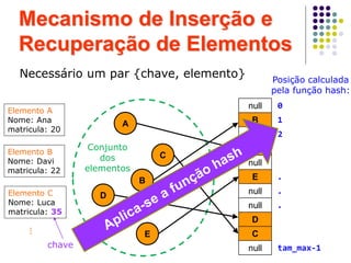null
B
null
A
null
E
null
null
D
C
null
B
D
E
C
A
Elemento A
Nome: Ana
matricula: 20
chave
Elemento B
Nome: Davi
matricula: 22
Elemento C
Nome: Luca
matricula: 35
Conjunto
dos
elementos
0
1
2
.
.
.
tam_max-1
Posição calculada
pela função hash:
⋮
Mecanismo de Inserção e
Recuperação de Elementos
Necessário um par {chave, elemento}
 