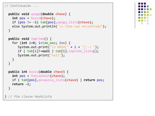 // Continuação ...
public void apaga(double chave) {
int pos = busca(chave);
if (pos != -1) tab[pos].apaga_lista(chave);
else System.out.println("n Item nao encontrado");
}
public void imprime() {
for (int i=0; i<tam_max; i++) {
System.out.print("n HASH[" + i + "] -> ");
if ( tab[i]!=null ) tab[i].imprime_lista();
System.out.print("null");
}
}
public int busca(double chave) {
int pos = funcaohash(chave);
if ( tab[pos].pesquisa_lista(chave) ) return pos;
return -1;
}
} // fim classe HashLista
 