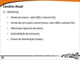 Cenário Atual
2. Marketing

  – Venda da marca: valor (R$) e volume (%);

  – Venda dos principais concorrentes: valor (R$) e volume (%);

  – Diferenças regionais de share;

  – Sazonalidade de consumo;

  – Canais de distribuição (trade);
 