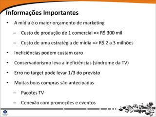 Informações Importantes
•   A mídia é o maior orçamento de marketing
    – Custo de produção de 1 comercial => R$ 300 mil
    – Custo de uma estratégia de mídia => R$ 2 a 3 milhões
•   Ineficiências podem custam caro
•   Conservadorismo leva a ineficiências (síndrome da TV)
•   Erro no target pode levar 1/3 do previsto
•   Muitas boas compras são antecipadas
    – Pacotes TV
    – Conexão com promoções e eventos
 