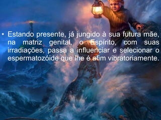 Estando presente, já jungido à sua futura mãe, na matriz genital, o Espírito, com suas irradiações, passa a influenciar e selecionar o espermatozóide que lhe é afim vibratoriamente.  