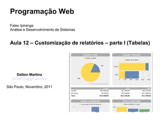 Programação Web
 Fatec Ipiranga
 Análise e Desenvolvimento de Sistemas


 Aula 12 – Customização de relatórios – parte I (Tabelas)




     Dalton Martins
   dmartins@gmail.com

São Paulo, Novembro, 2011
 
