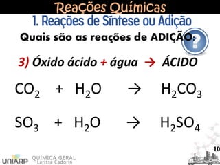 Reações Químicas
1. Reações de Síntese ou Adição
Quais são as reações de ADIÇÃO:
3) Óxido ácido + água → ÁCIDO
CO2 + H2O → H2CO3
10
SO3 + H2O → H2SO4
 