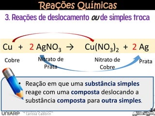 Reações Químicas
3. Reações de deslocamento ou de simples troca
24
• Reação em que uma substância simples
reage com uma composta deslocando a
substância composta para outra simples.
Cu + 2 AgNO3 → Cu(NO3)2 + 2 Ag
Cobre Nitrato de
Prata
Nitrato de
Cobre
Prata
 