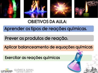 OBJETIVOS DA AULA:
Aprender os tipos de reações químicas.
Prever os produtos de reação.
Aplicar balanceamento de equações químicas
Exercitar as reações químicas
 