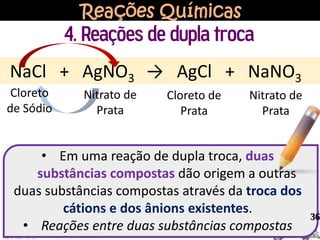 Reações Químicas
4. Reações de dupla troca
• Em uma reação de dupla troca, duas
substâncias compostas dão origem a outras
duas substâncias compostas através da troca dos
cátions e dos ânions existentes.
• Reações entre duas substâncias compostas
36
NaCl + AgNO3 → AgCl + NaNO3
Cloreto
de Sódio
Nitrato de
Prata
Cloreto de
Prata
Nitrato de
Prata
 