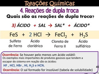 Reações Químicas
4. Reações de dupla troca
Quais são as reações de dupla troca?
3) ÁCIDO + SAL → SAL* + ÁCIDO*
Ocorrência: Se houver pelo menos um ácido volátil:
FeS + 2 HCl → FeCl2 + H2S
Sulfeto
de Ferro
Ácido
clorídrico
Cloreto de
Ferro II
Ácido
sulfídrico
Os exemplos mais importantes de produtos gasosos que tendem a
escapar do sistema em reação são os ácidos:
HF , HCl, HBr , HI, H2S e HCN. 41
Ocorrência: O sal formado for insolúvel (tabela de solubilidade)
 