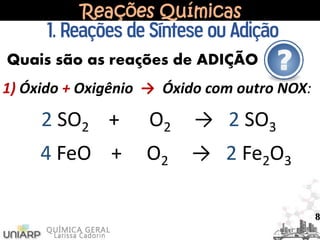 Reações Químicas
1. Reações de Síntese ou Adição
Quais são as reações de ADIÇÃO
1) Óxido + Oxigênio → Óxido com outro NOX:
2 SO2 + O2 → 2 SO3
4 FeO + O2 → 2 Fe2O3
8
 