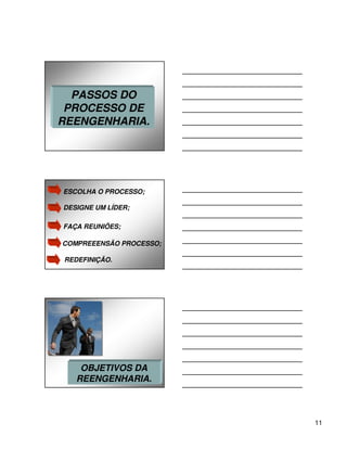 PASSOS DO
 PROCESSO DE
REENGENHARIA.




ESCOLHA O PROCESSO;

DESIGNE UM LÍDER;

FAÇA REUNIÕES;

COMPREEENSÃO PROCESSO;

REDEFINIÇÃO.




    OBJETIVOS DA
   REENGENHARIA.



                         11
 
