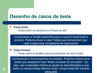 Desenho de casos de teste Caixa preta Testes sobre as interfaces do Produto de SW Caixa branca Testes sobre os detalhes dos procedimentos de cada função  Conhecemos a função específica para a qual foi desenhado o produto. Podemos levar a cabo Testes que demonstram que  cada função está completamente operacional. Conhecemos o funcionamento do produto. Podemos desenvolver testes que asseguram que “todas as peças se encaixam”. Ou seja, que a operação interna se ajusta às especificações e que todos os componentes internos foram comprovados de maneira adequada. 