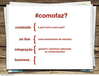 #comofaz?
conteúdo
on line
integração
business

Friday, February 28, 2014

{
{
{
{

o quê como e para quê?

novo ecossistema de relações

gestalt e coerência aplicando
os conhecimentos

 