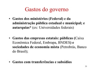 Gastos do governo
• Gastos dos ministérios (Federal) e da
administração pública estadual e municipal; e
autarquias* (ex: Universidades federais)
• Gastos das empresas estatais: públicas (Caixa
Econômica Federal, Embrapa, BNDES) e
sociedades de economia mista (Petrobrás, Banco
do Brasil);
• Gastos com transferências e subsídios
35
 
