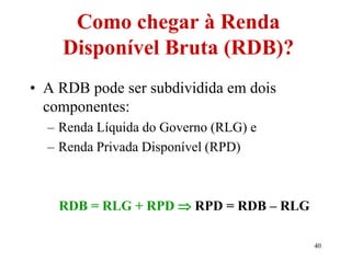 40
Como chegar à Renda
Disponível Bruta (RDB)?
• A RDB pode ser subdividida em dois
componentes:
– Renda Líquida do Governo (RLG) e
– Renda Privada Disponível (RPD)
RDB = RLG + RPD  RPD = RDB – RLG
 