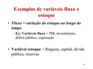 53
Exemplos de variáveis fluxo x
estoque
• Fluxo = variação do estoque ao longo do
tempo
– Ex: Variáveis fluxo = PIB, investimento,
déficit público, exportação
• Variável estoque = Riqueza, capital, dívida
pública, reservas
 