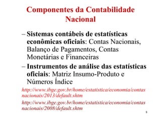 8
Componentes da Contabilidade
Nacional
– Sistemas contábeis de estatísticas
econômicas oficiais: Contas Nacionais,
Balanço de Pagamentos, Contas
Monetárias e Financeiras
– Instrumentos de análise das estatísticas
oficiais: Matriz Insumo-Produto e
Números Índice
http://www.ibge.gov.br/home/estatistica/economia/contas
nacionais/2013/default.shtm
http://www.ibge.gov.br/home/estatistica/economia/contas
nacionais/2008/default.shtm
 